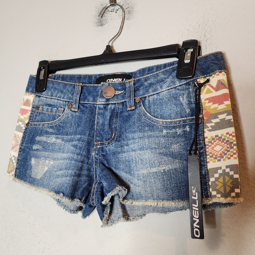NWT O'Neill Low Rise Micro Mini Denim Shorts aztec printed sides size 0